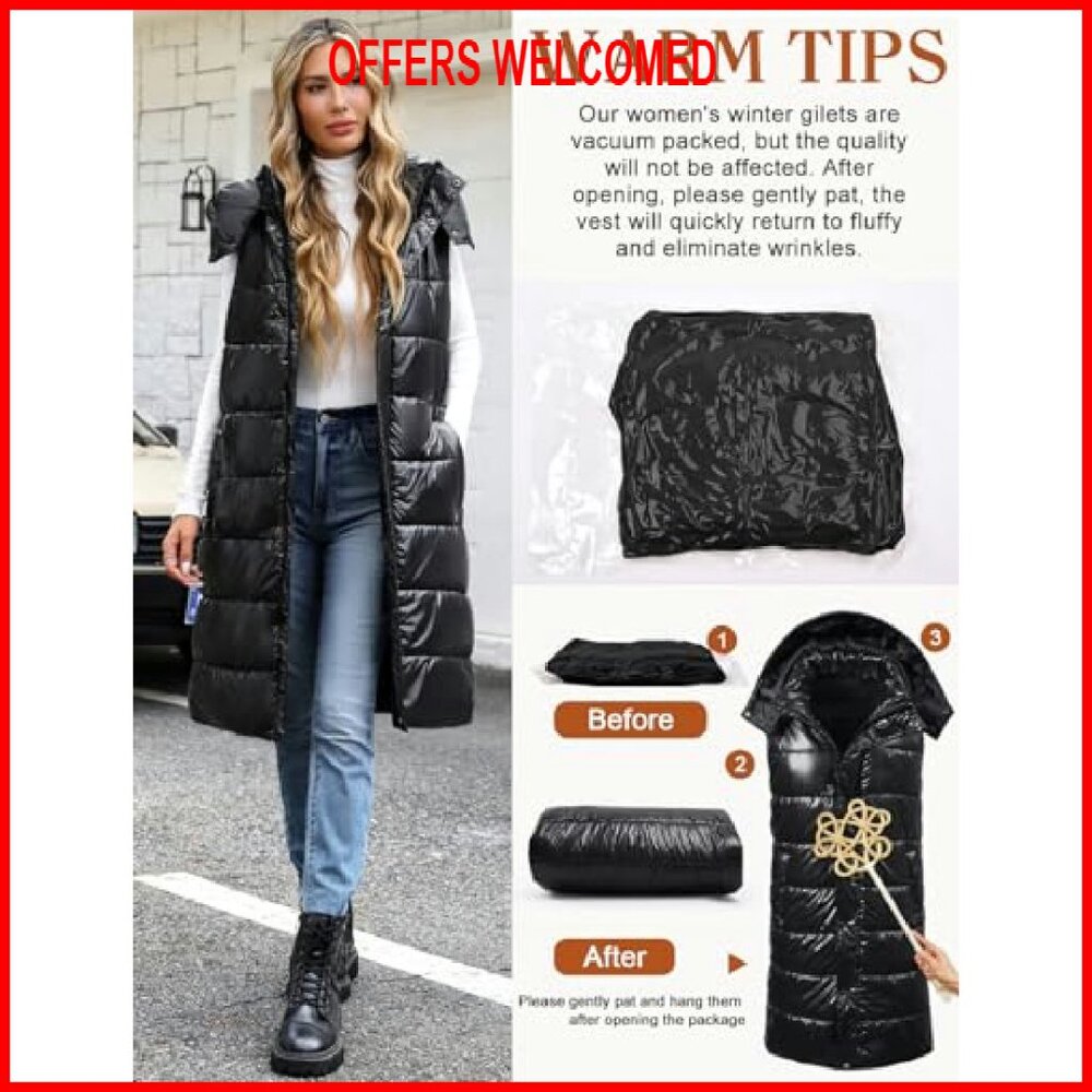 Women's Long Puffer Vest Sleeveless Jacket Zip Up Hooded Quilted - Picture 5 of 8
